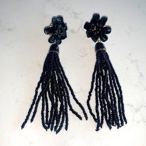 Anthropologie Long Black Floral Beaded Tassel Earrings
